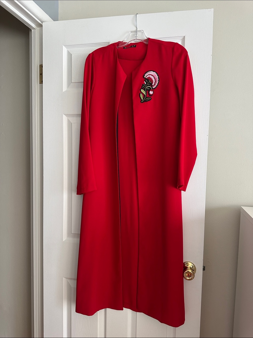 Red Long Open Front Coat with Embroidered Floral Accent